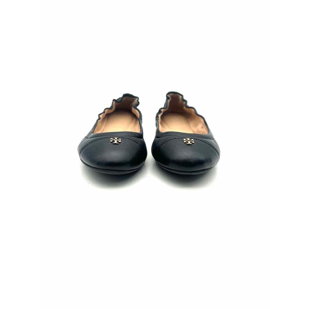Tory Burch Size 5 Black/Gold Embellished Leather Designer Flats - Picture 2 of 10